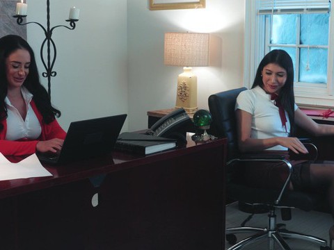 LibertyPorno presents: Big butt boss spreads legs to ride her coworker on the bed