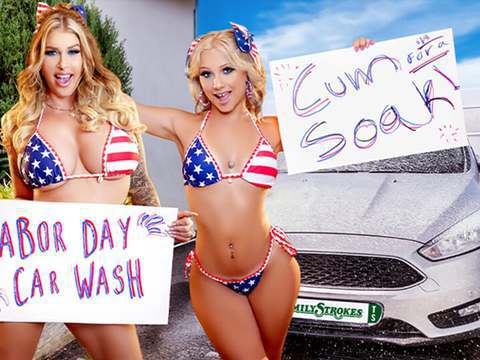 LibertyPorno presents: Car wash duo shake tits and score big