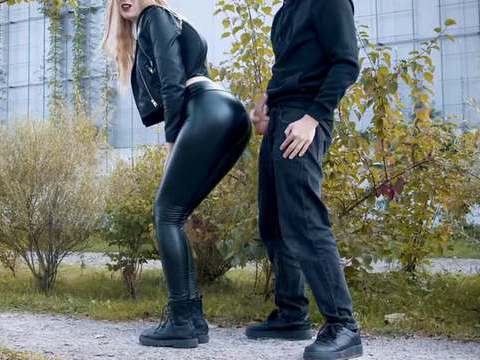LibertyPorno presents: He cums on my latex leggings in public! - clothedpleasures