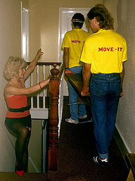 LibertyPorno presents: Horny housewife seduces two removal guys into a threesome