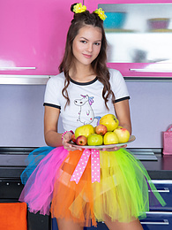 LibertyPorno presents: Mind blowing and breathtaking brunette beauty playing with fruits after she gets fully naked for the camera.