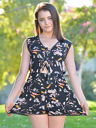 LibertyPorno presents: Svelte american dark-haired teen Kylie Quinn in shorts toys her twat outdoor