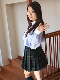 LibertyPorno presents: Asian schoolgirl Tomoyo Hoshino strips to stockings and poses outdoors