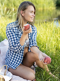 LibertyPorno presents: Skinny blonde Paulina gets naked on a blanket in a field of wheat